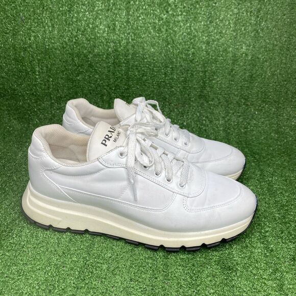 PRADA MENS ATHLETIC SPORT SNEAKERS WHITE LEATHER + NYLON SHOES Size US 8 - Picture 1 of 6
